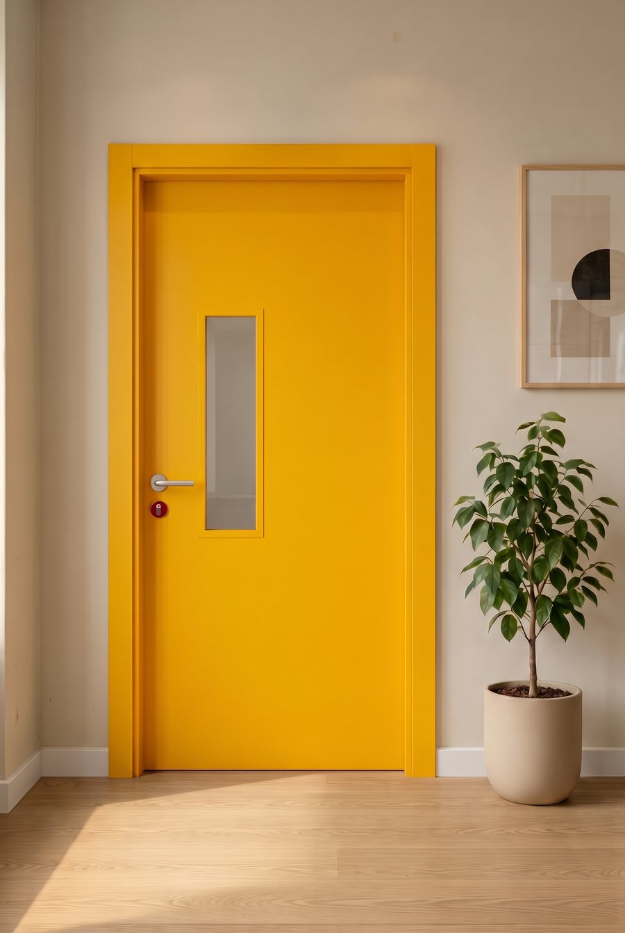 Porta amarela com visor de vidro estreito.