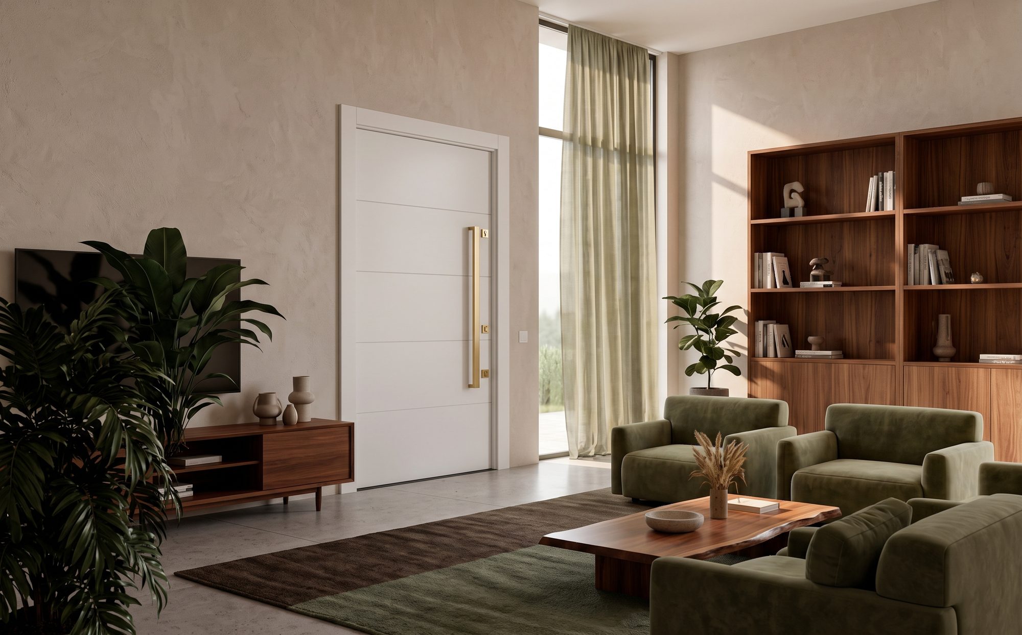 Sala com porta pivotante branca de puxador dourado, sofá verde e estante de madeira.