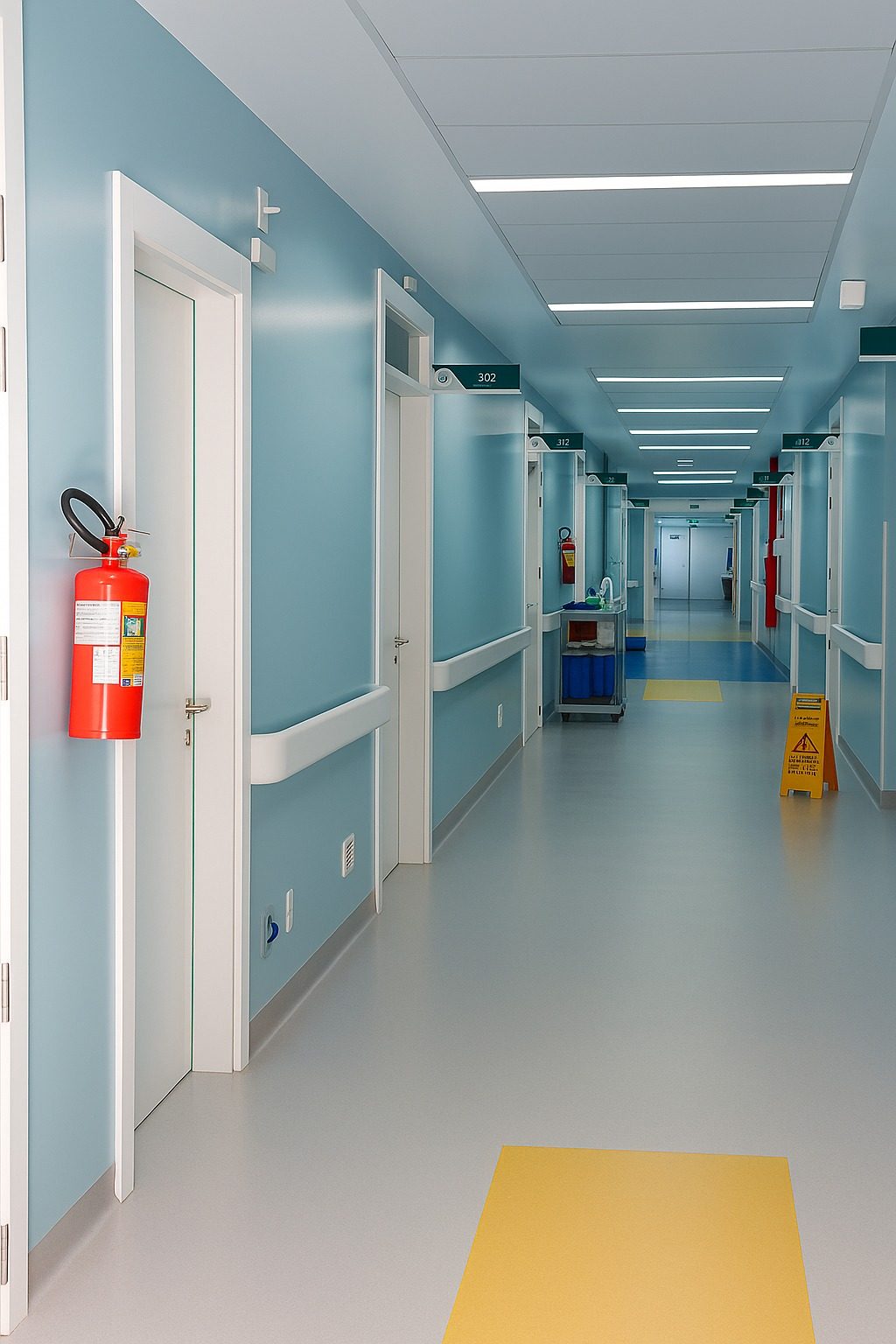 Corredor de internação do Hospital Dr. Lauro Reus com várias portas brancas da Portas do Vale e bate-macas nas paredes.